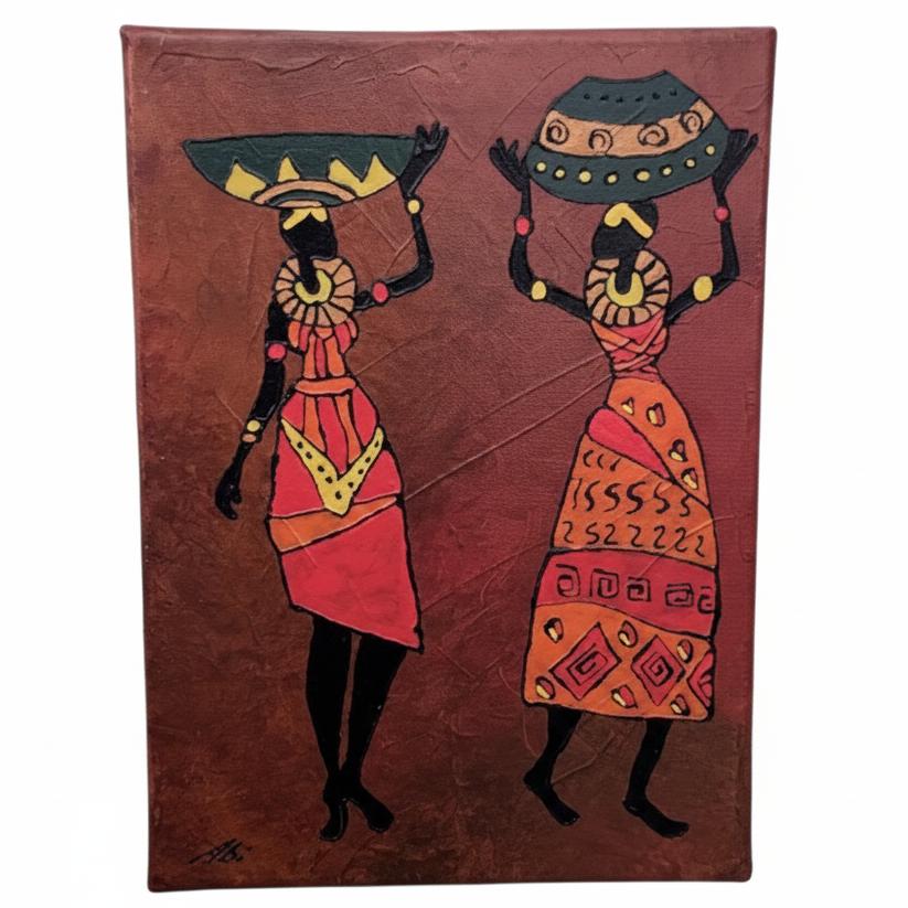 Hand Painted African Women Tribal Canvas Art 15x30cm