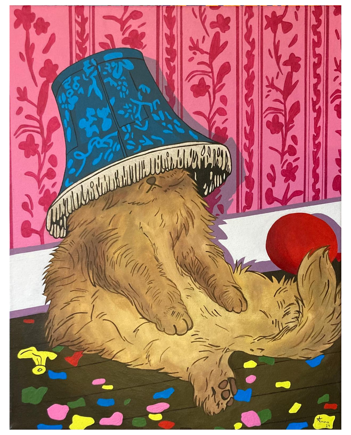 Hand painted pink Contemplating Playful Cat canvas, ginger cat under a blue lampshade, 40x60cm pre order for a girl's room