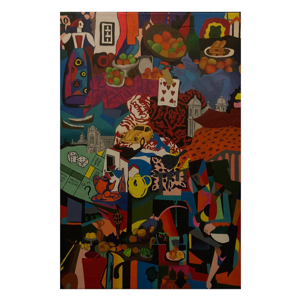 Fragments and Chaos original acrylic painting on canvas, colourful collage-style composition with fruit bowls, church towers, dice, playing card and yellow car