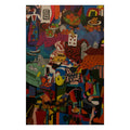 Fragments and Chaos original acrylic painting on canvas, colourful collage-style composition with fruit bowls, church towers, dice, playing card and yellow car