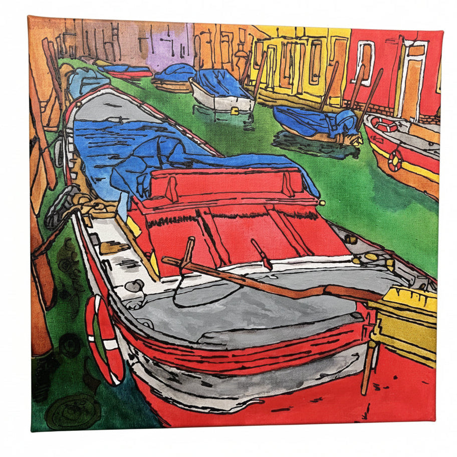 Hand Painted Venice Canal Boats Canvas Art 40x40cm