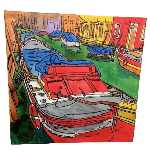 Hand Painted Venice Canal Boats Canvas Art 40x40cm