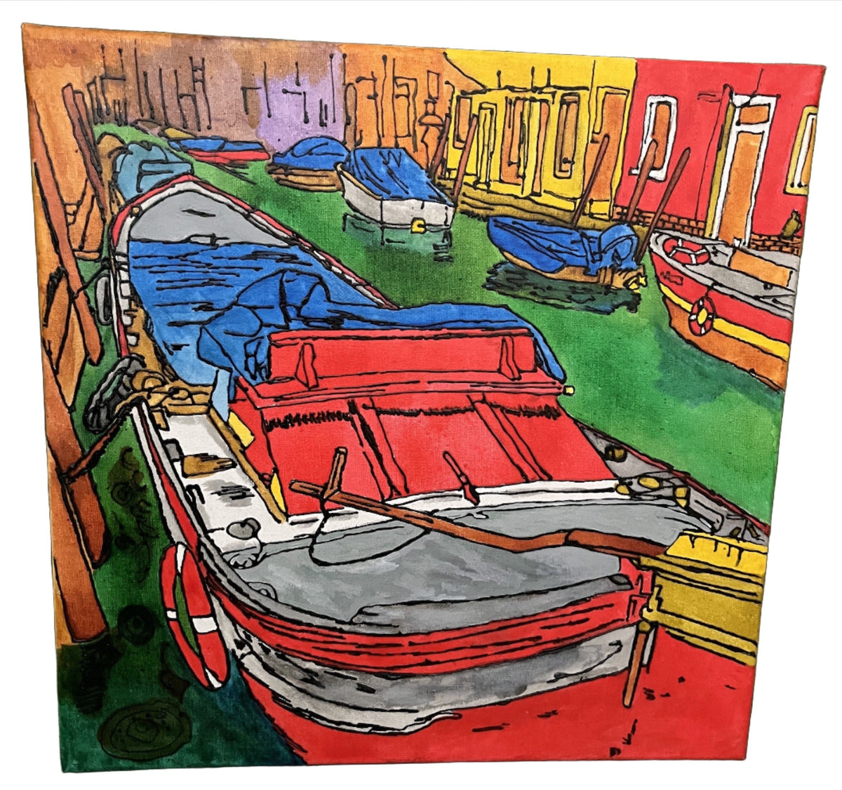 Hand Painted Venice Canal Boats Canvas Art 40x40cm